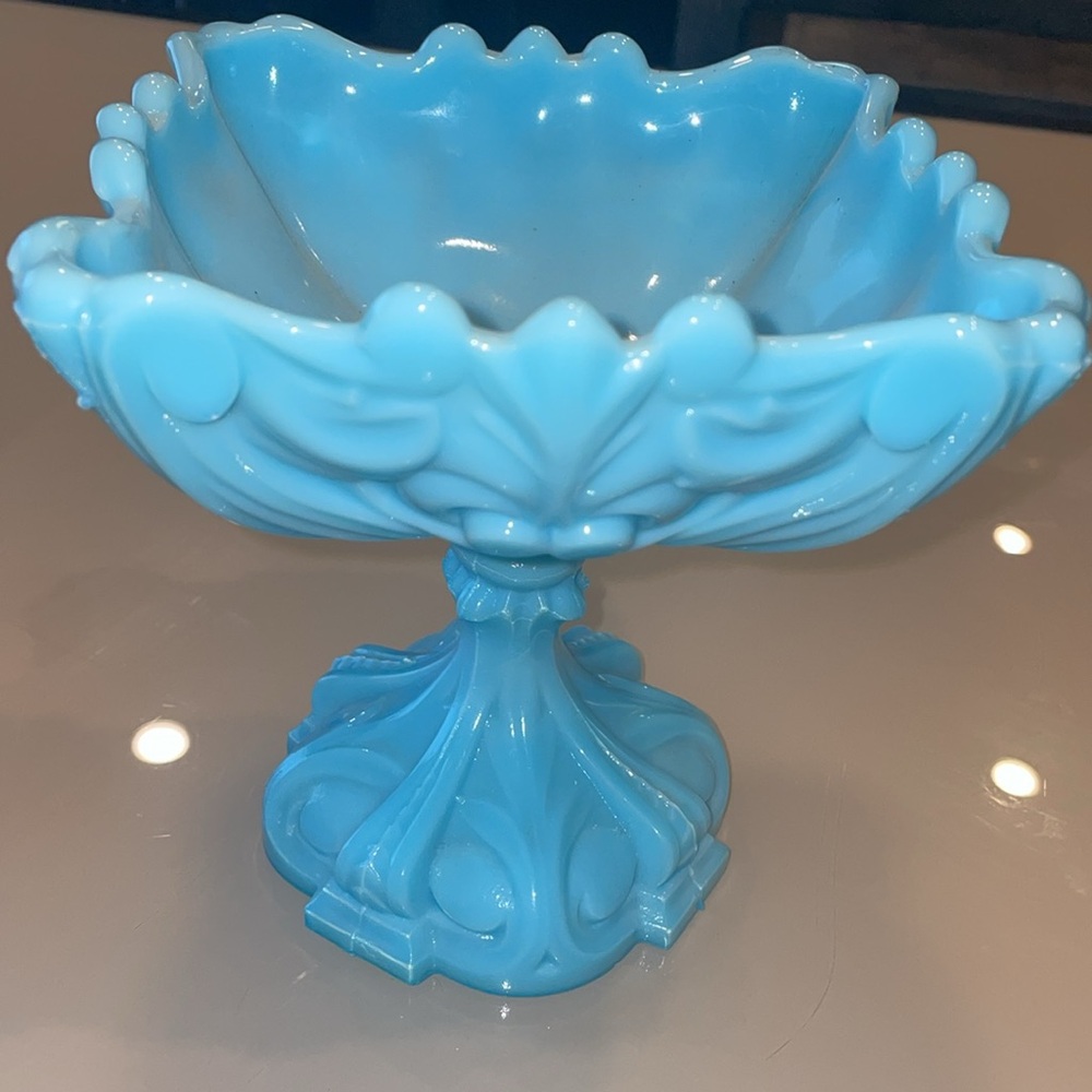 Blue Milk Glass Compote French Design - Vintage
